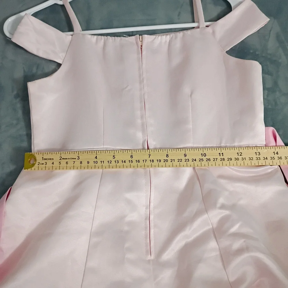 Girls Pink Satin Cold Shoulder Flower Girl Pageant Dress Rosette Pick-Up Gown